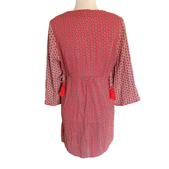 BODEN Sasha Kaftan Red 10R Peasant Dress Boho Hippie Mini Floral Print Tassels - Picture 5 of 12